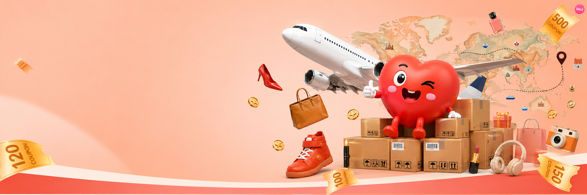 LoveGoBuy heart mascot with parcels and an airplane